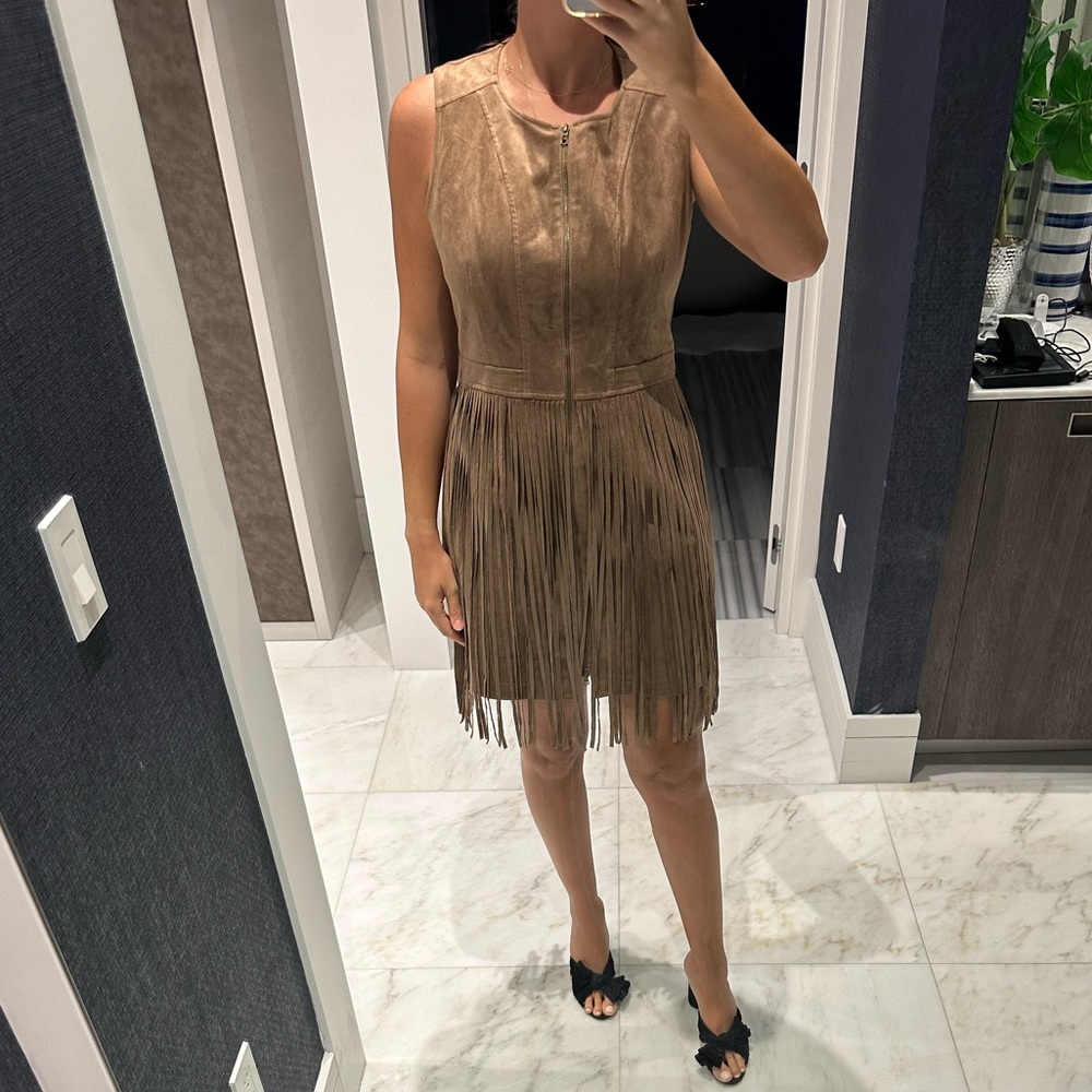 BCBG maxazria tan fringe suede dress